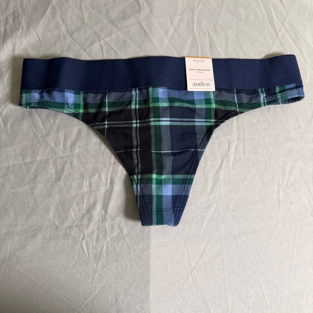 Auden Women Cotton 4-Way Stretch Thong Plaid Dark Green Navy Blue Size M 8-10